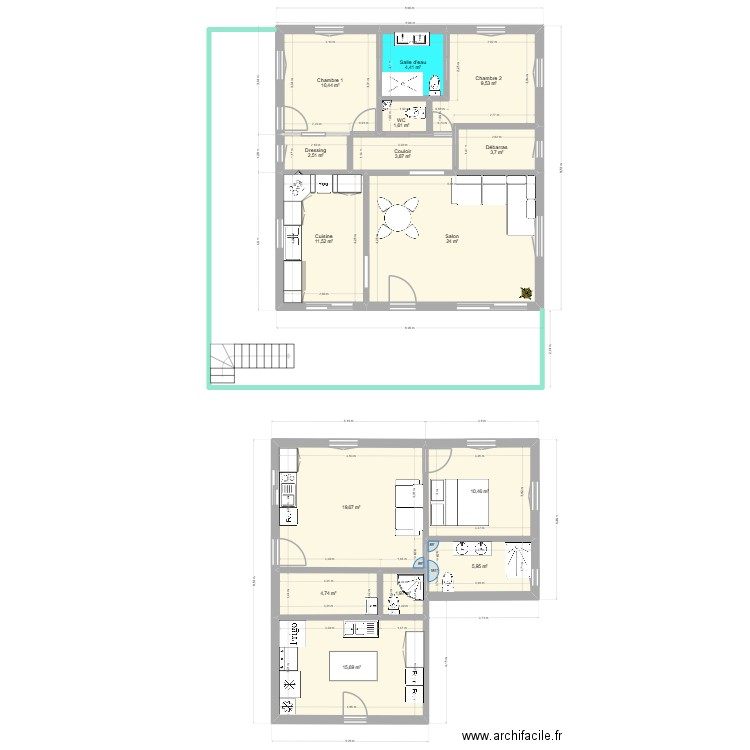 T3 à l\'etage. Plan de 15 pièces et 130 m2