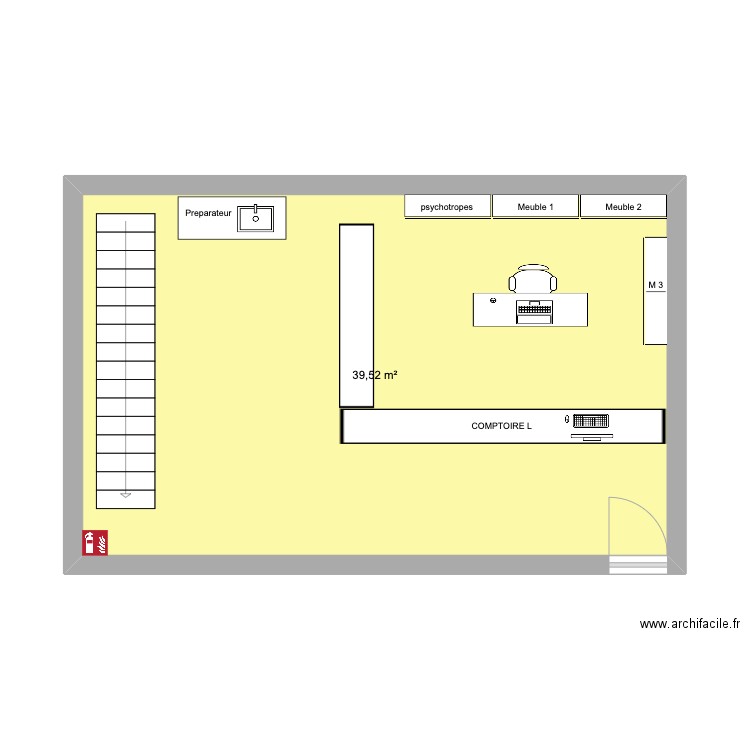 RDC. Plan de 1 pièce et 40 m2