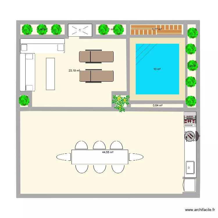 Terrasse. Plan de 8  et 85 m²