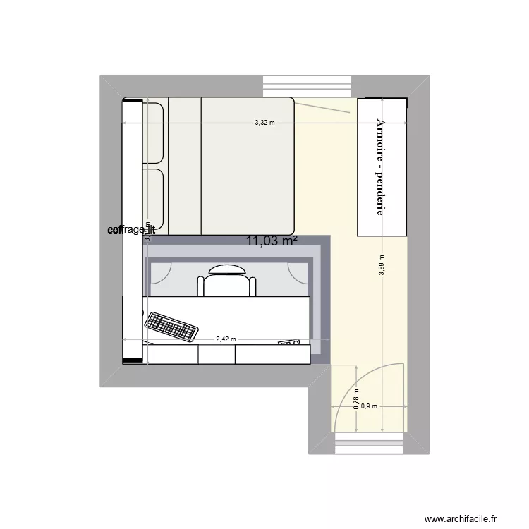 Chambre V1.0. Plan de 1  et 11 m²