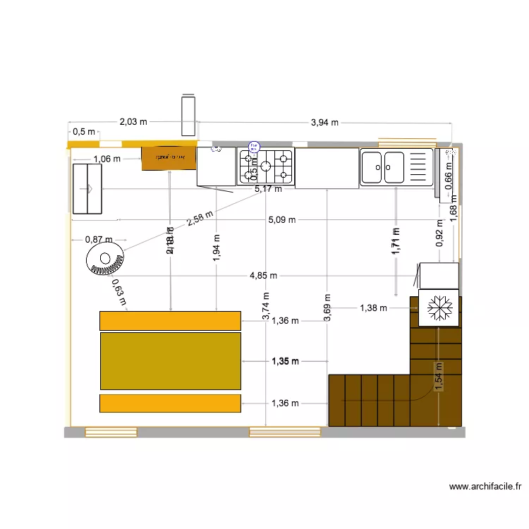 Long&egrave;res 4 cuisine s&eacute;jour - cotations fen&ecirc;tre et poele ok - V2. Plan de 