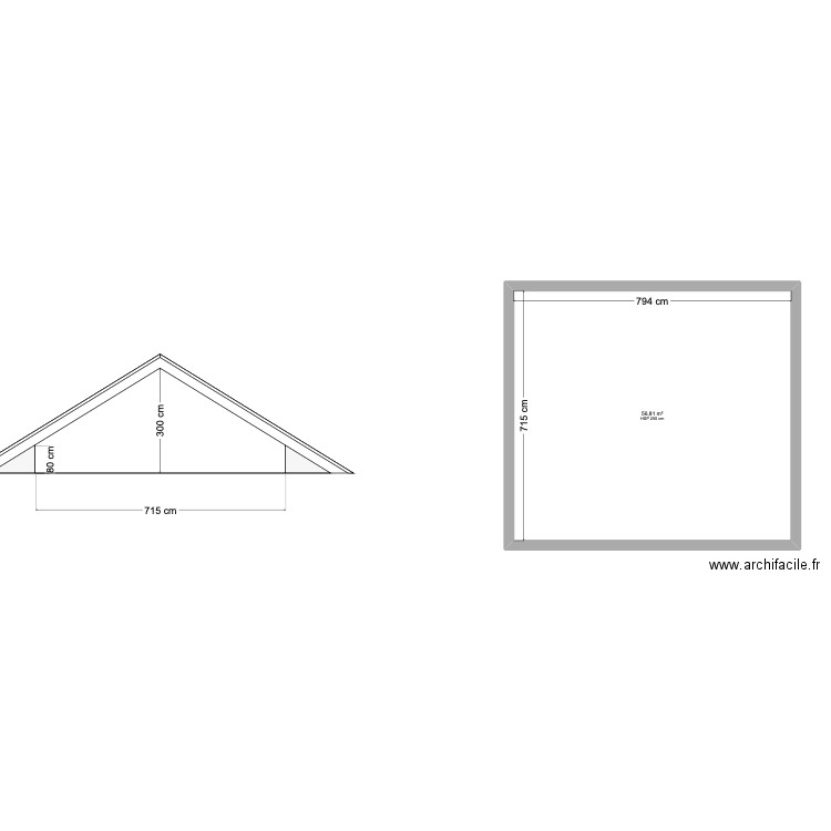 plan combles existant. Plan de 1 pièce et 57 m2