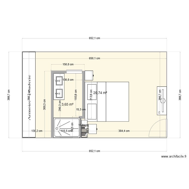 Chambre ami . Plan de 2 pièces et 24 m2