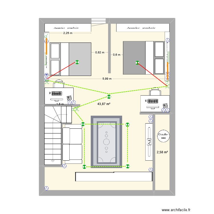 chambre fille. Plan de 2 pièces et 46 m2
