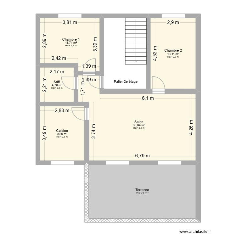 2e étage. Plan de 7 pièces et 106 m2