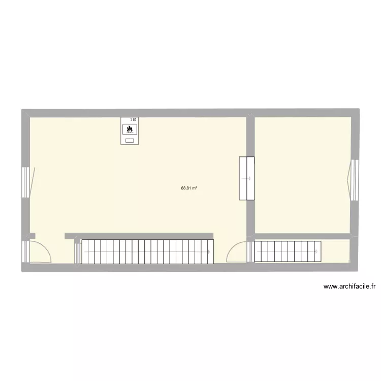Salon cuisine. Plan de 1  et 69 m²