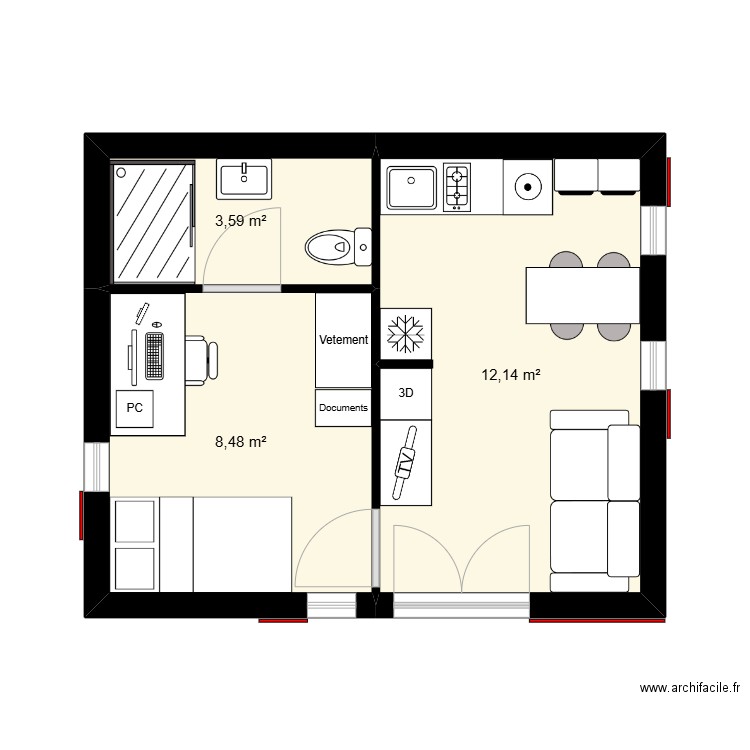 Plan. Plan de 3 pièces et 24 m2