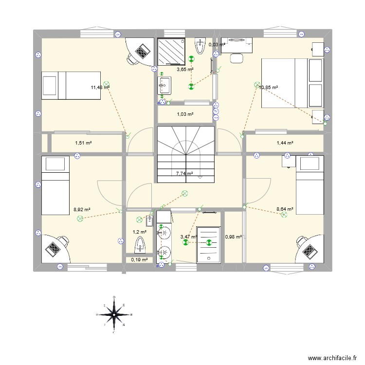 Maison Cormeilles-1er Etage-Plomberie_V1. Plan de 14 pièces et 61 m2