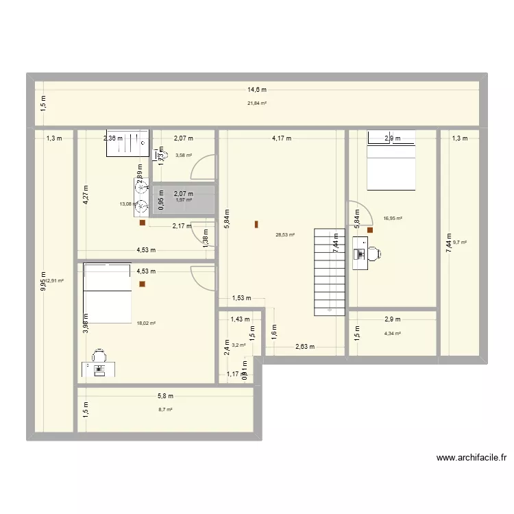 Etage Montcenis Initial. Plan de 12  et 143 m²
