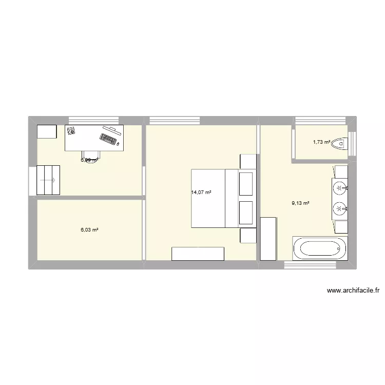 Chambre parentale. Plan de 5 pièces et 38 m²