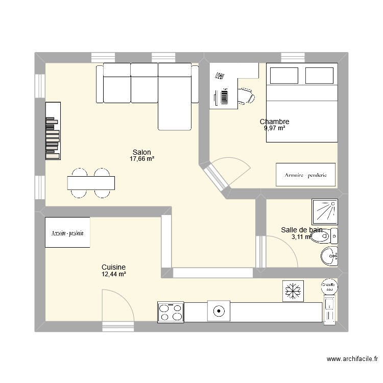 Melun. Plan de 4 pièces et 43 m2