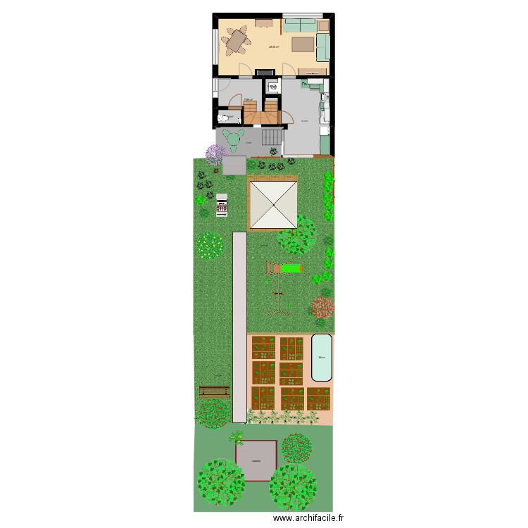 plan rdc, terrasses et jardin. Plan de 4 pièces et 36 m2