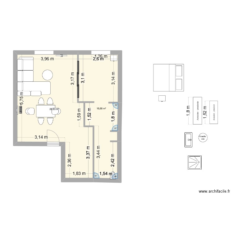halevy 072025. Plan de 2 pièces et 46 m2