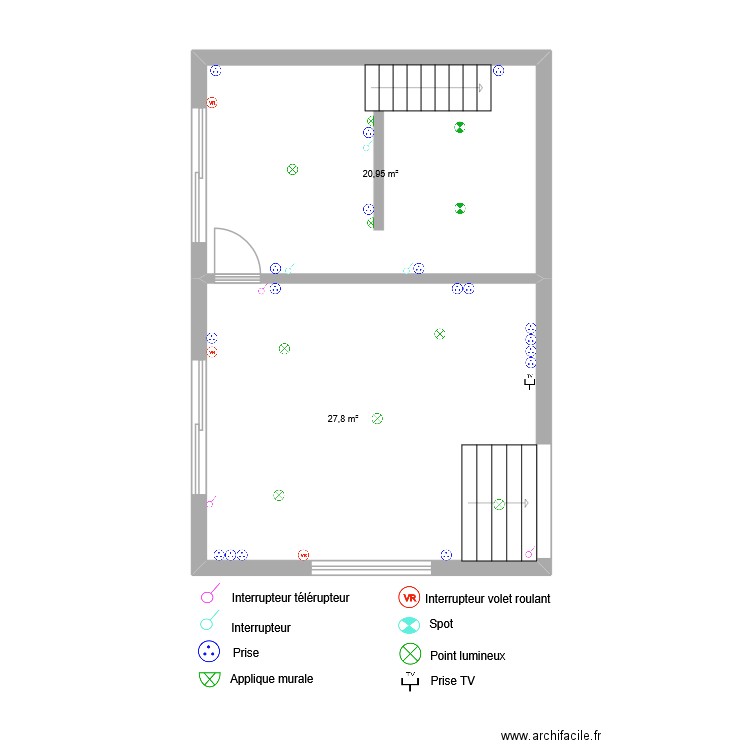 Chambre + salon électricité. Plan de 2 pièces et 49 m2