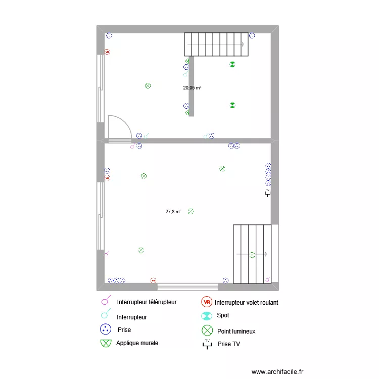 Chambre + salon &eacute;lectricit&eacute;. Plan de 2 pièces et 49 m²