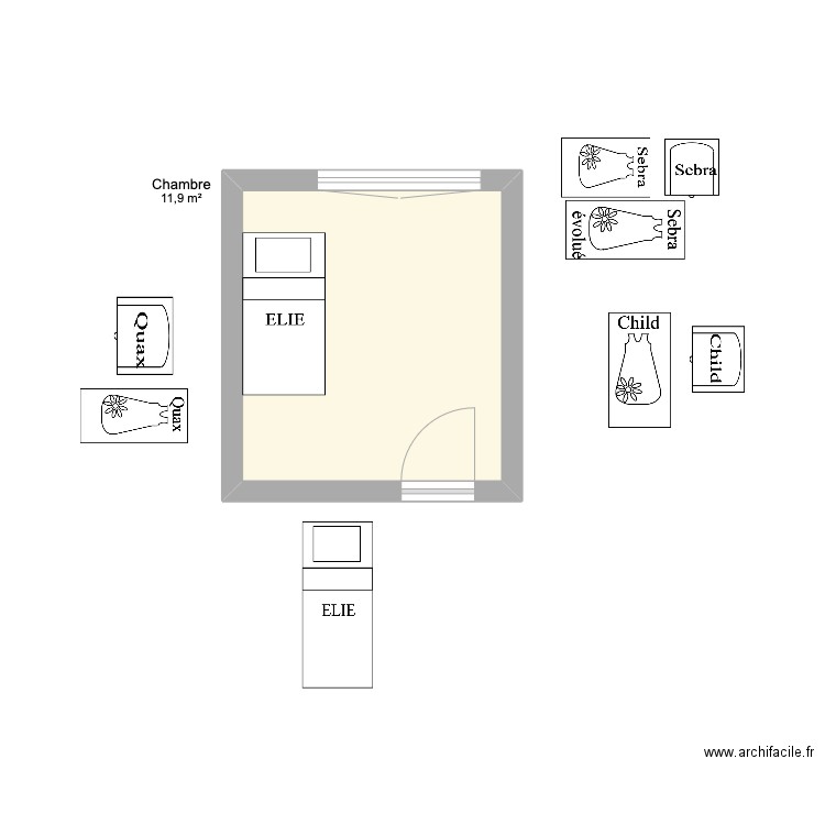 Chambre Sasha Elie. Plan de 1 pièce et 12 m2