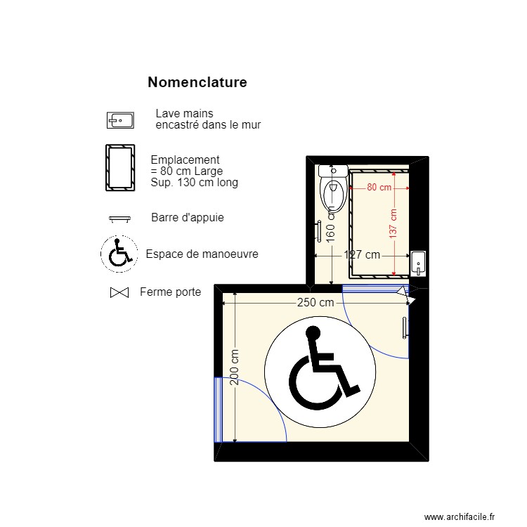 wc handicapés Brasserie. Plan de 3 pièces et 7 m2