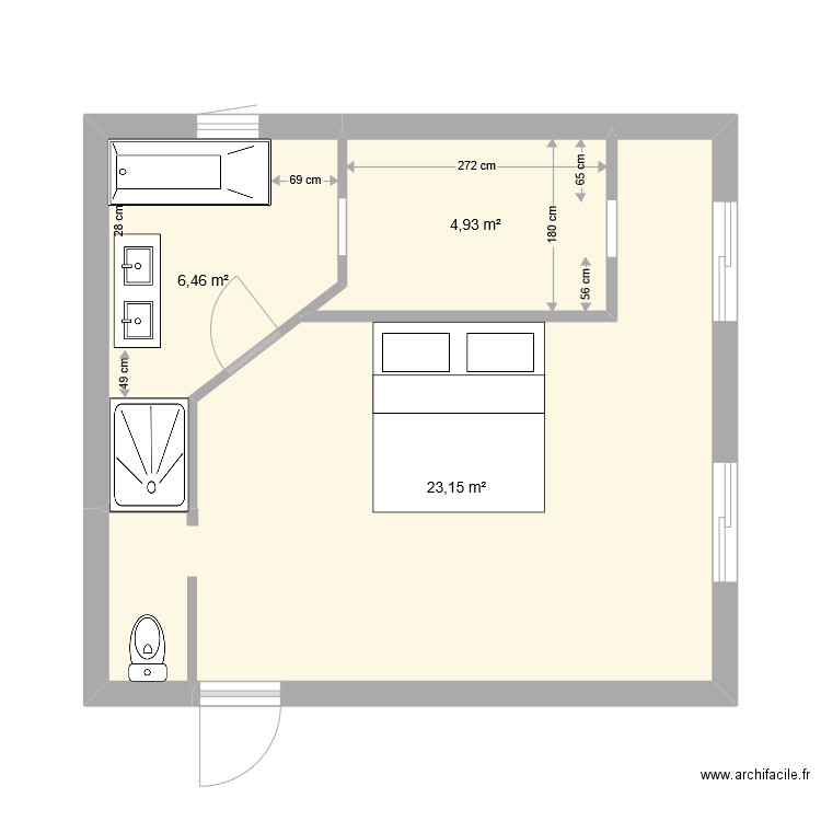 Chambre Facila. Plan de 3 pièces et 35 m2