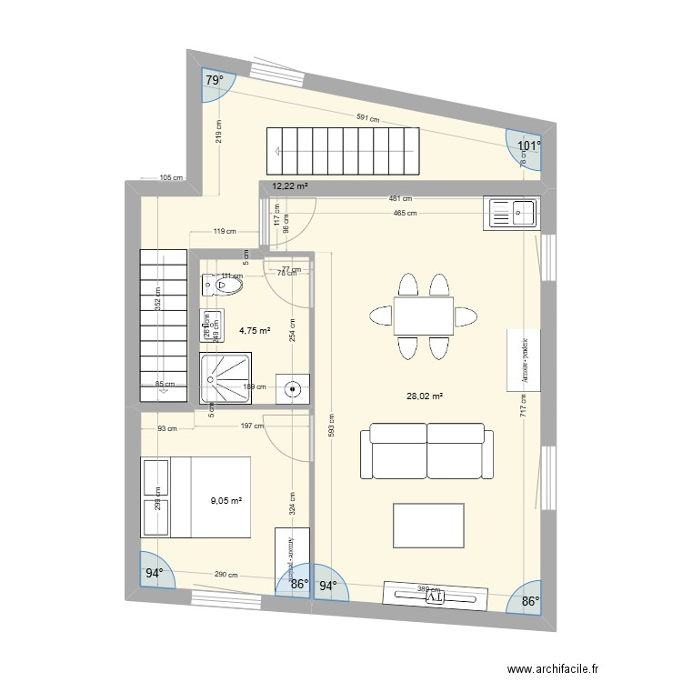 option 2 place 1er. Plan de 2 pièces et 54 m2