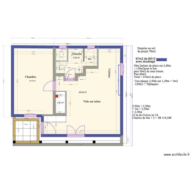 Parpaings. Plan de 2 pièces et 53 m2