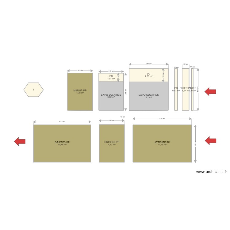 MUR DROIT EXPO et SOLAIRES GRIFFES. Plan de 12 pièces et 48 m2