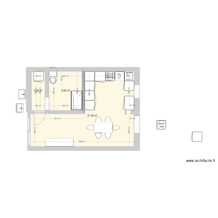 sdbcuisin123. Plan de 3 pièces et 29 m2