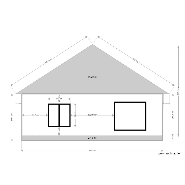 Plan facade  ouest bardage. Plan de 3 pièces et 39 m2