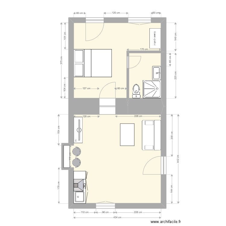 Appart Louise. Plan de 2 pièces et 36 m2