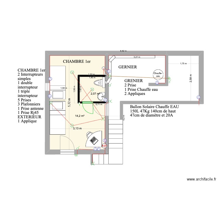 Grenier 2. Plan de 2 pièces et 16 m2