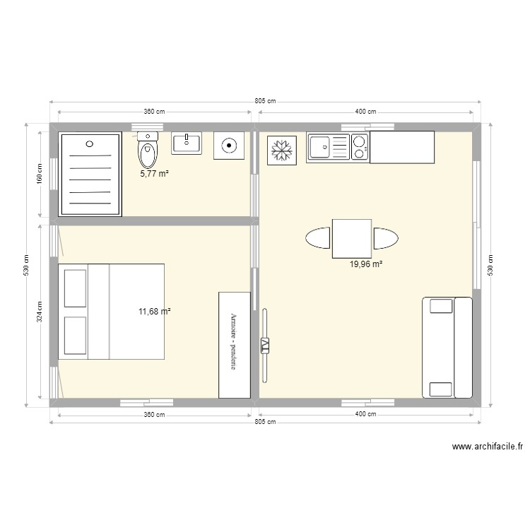 Bungalow 40 m2 Haumi. Plan de 3 pièces et 37 m2