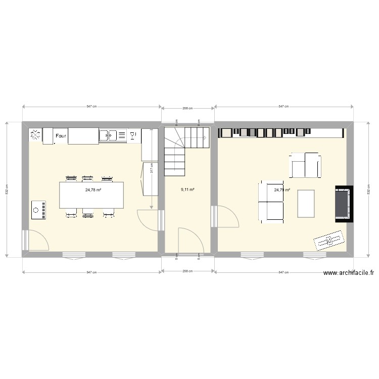 Cuisine-Salon. Plan de 3 pièces et 59 m2