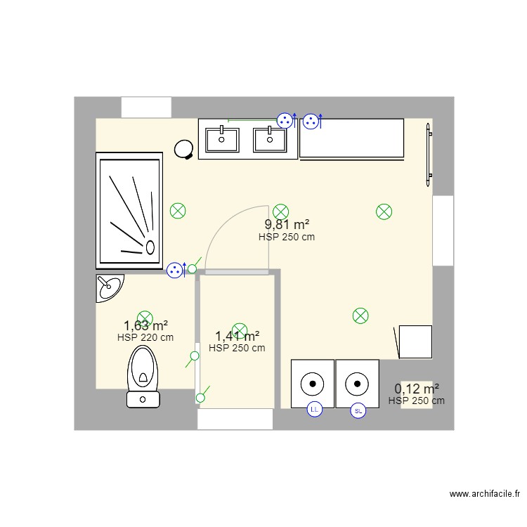 SdB. Plan de 4 pièces et 13 m2