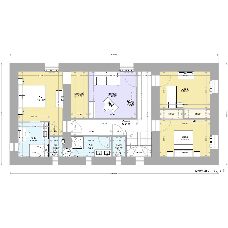 Maison etage. Plan de 12 pièces et 75 m2
