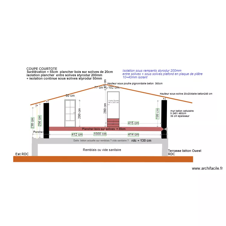 plan coupe courtote avec sur&eacute;l&eacute;vation plancher bois sur solives + 55cm. Plan de 