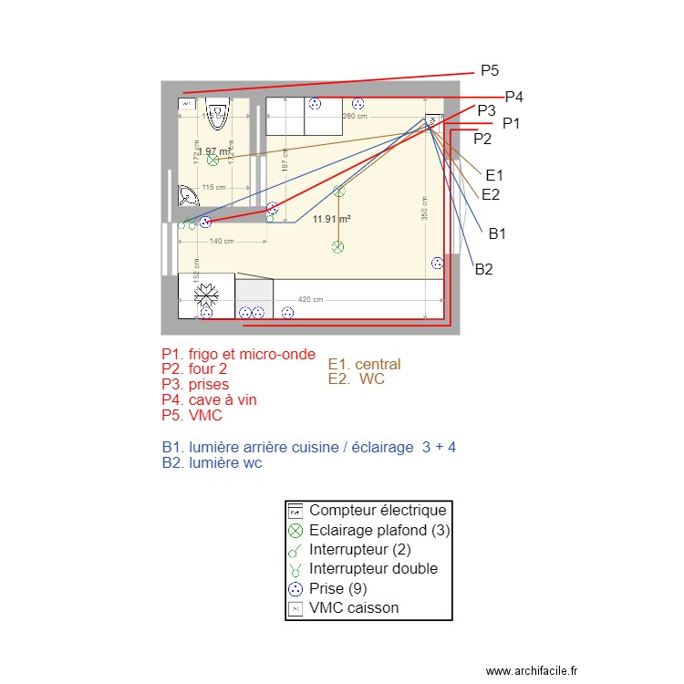 arrière cuisine. Plan de 2 pièces et 14 m2