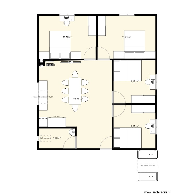 Casa 1. Plan de 6 pièces et 67 m2