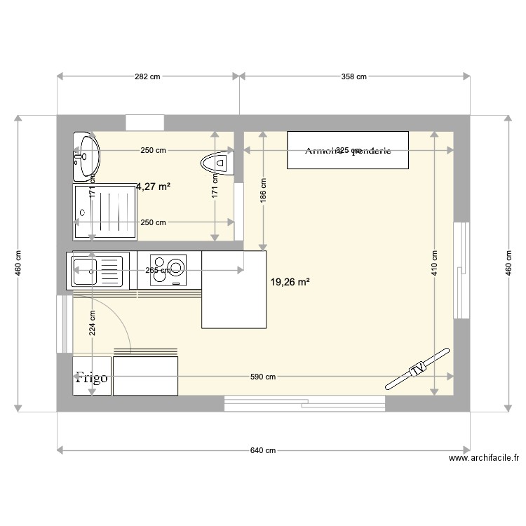 projet Pinedou. Plan de 2 pièces et 24 m2