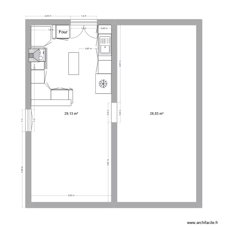 plan pour cr&eacute;ation cuisine 2. Plan de 2  et 58 m²