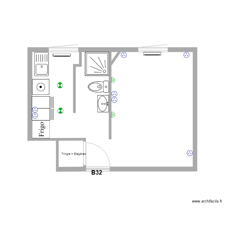 ROSIERS B32. Plan de 2 pièces et 19 m2