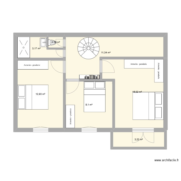 Étage revu V2. Plan de 7 pièces et 55 m2