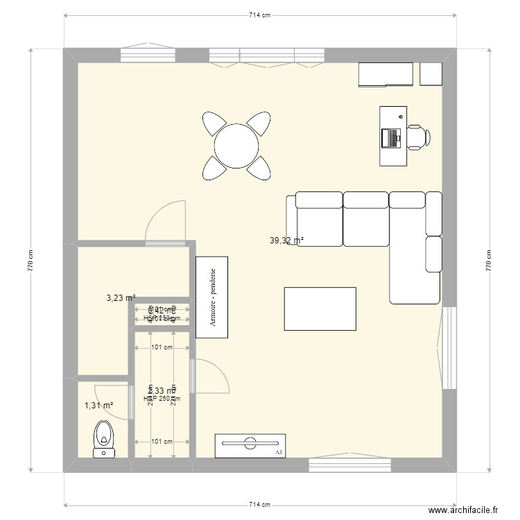 placo. Plan de 5 pièces et 47 m2