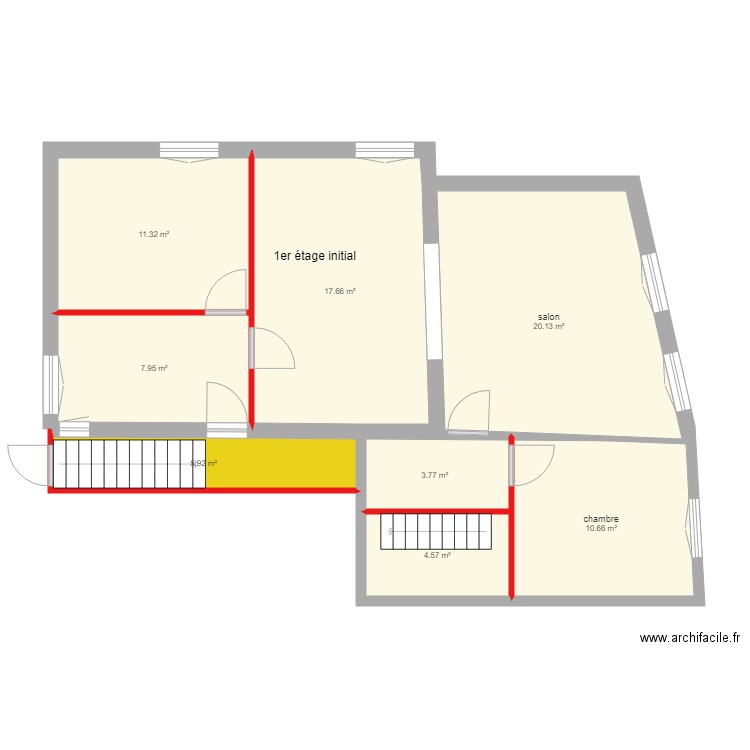 Paln étage initial2. Plan de 8 pièces et 82 m2