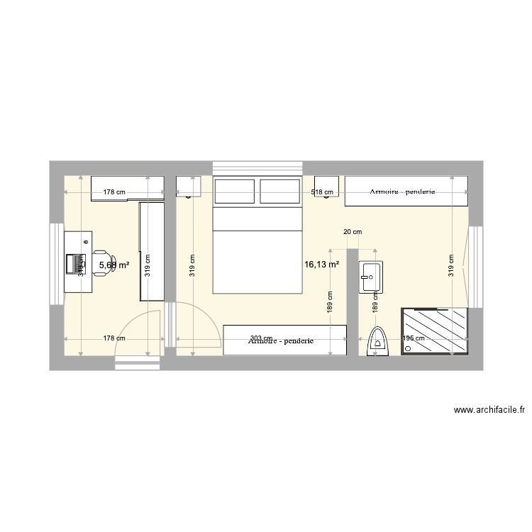 Projet Chambre 2. Plan de 2 pièces et 22 m2