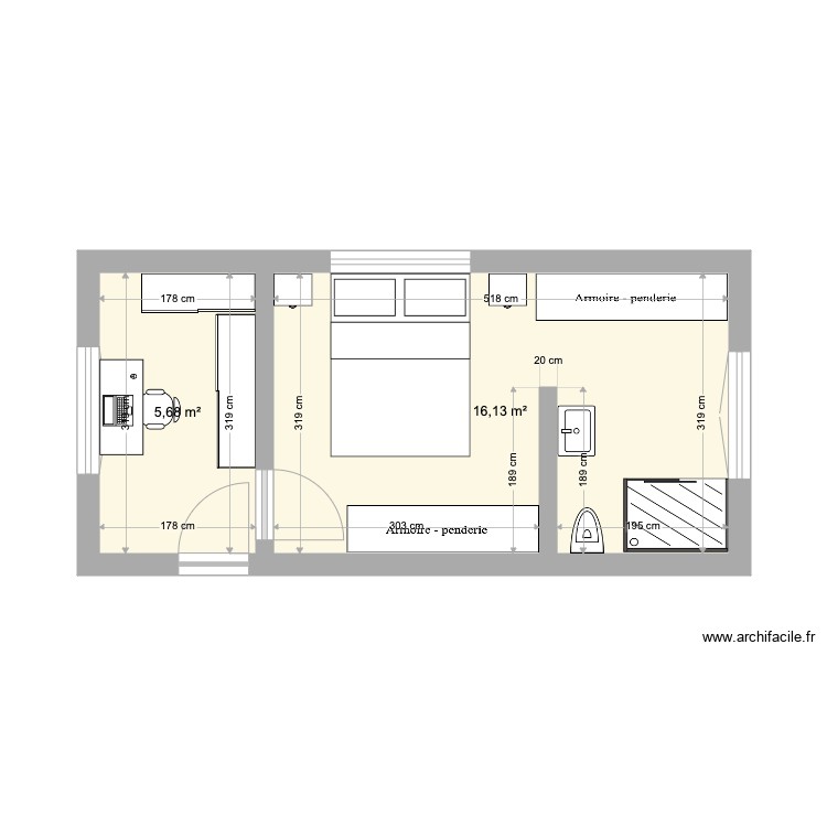 Projet Chambre 2 - Plan 2 pièces 22 m2 dessiné par MAISINCH