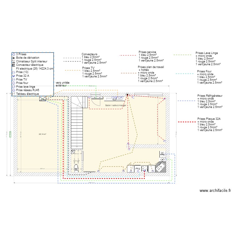 Rdc cheminements force 1/50ème version 3. Plan de 3 pièces et 80 m2