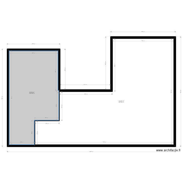 plan mur avec côtes . Plan de 2 pièces et 209 m2