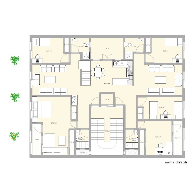 1er filaj. Plan de 23 pièces et 186 m2