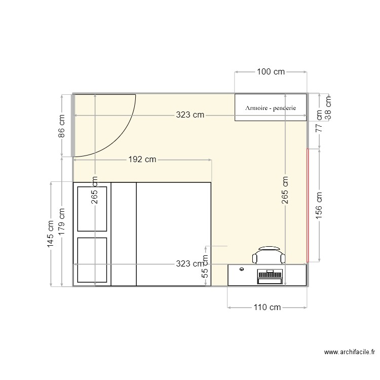 Chambre Leucate Bureau. Plan de 1 pièce et 9 m2