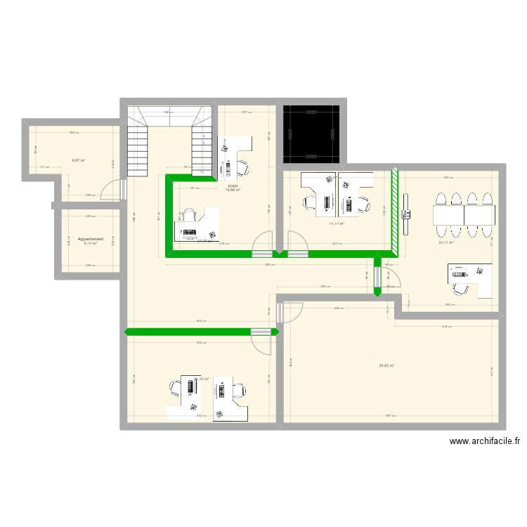 Bureaux étage V2. Plan de 9 pièces et 178 m2