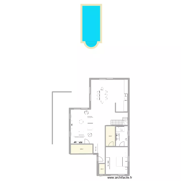 maison avec cuisine sur terrasse piscine. Plan de 3  et 13 m²